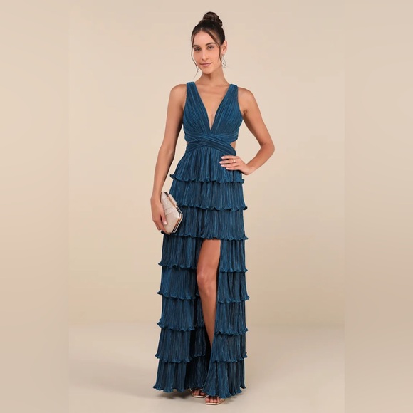 Beauty Icon Dark Teal Satin Pleated Tiered Lace-Up Maxi Dress - Picture 1 of 3